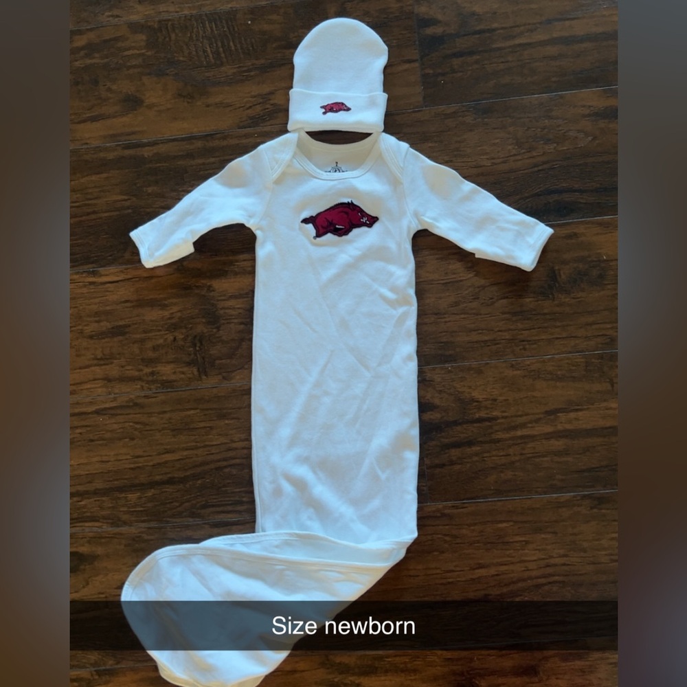 White Baby Gown and Hat Set with Red Arkansas Razorback